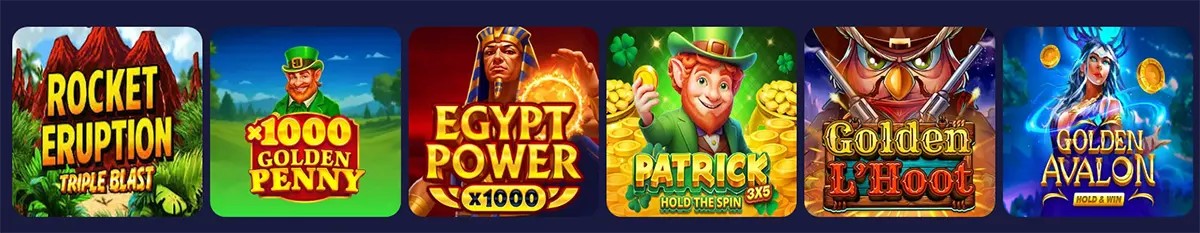 Casino slot game icons including Rocket Eruption, 1000 Golden Penny, Egypt Power, Patrick Hold the Spin, Golden L’Hoot, and Golden Avalon