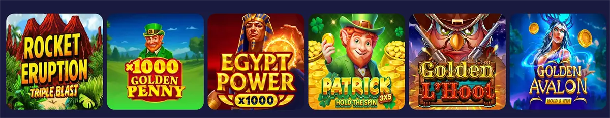 Casino slot game icons including Rocket Eruption, 1000 Golden Penny, Egypt Power, Patrick Hold the Spin, Golden L’Hoot, and Golden Avalon