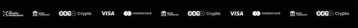 Casino payment methods including crypto, Visa, Mastercard, bank transfer, and identity verification icons