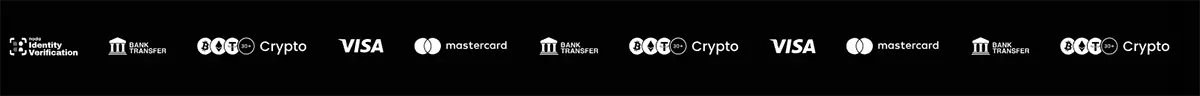Casino payment methods including crypto, Visa, Mastercard, bank transfer, and identity verification icons